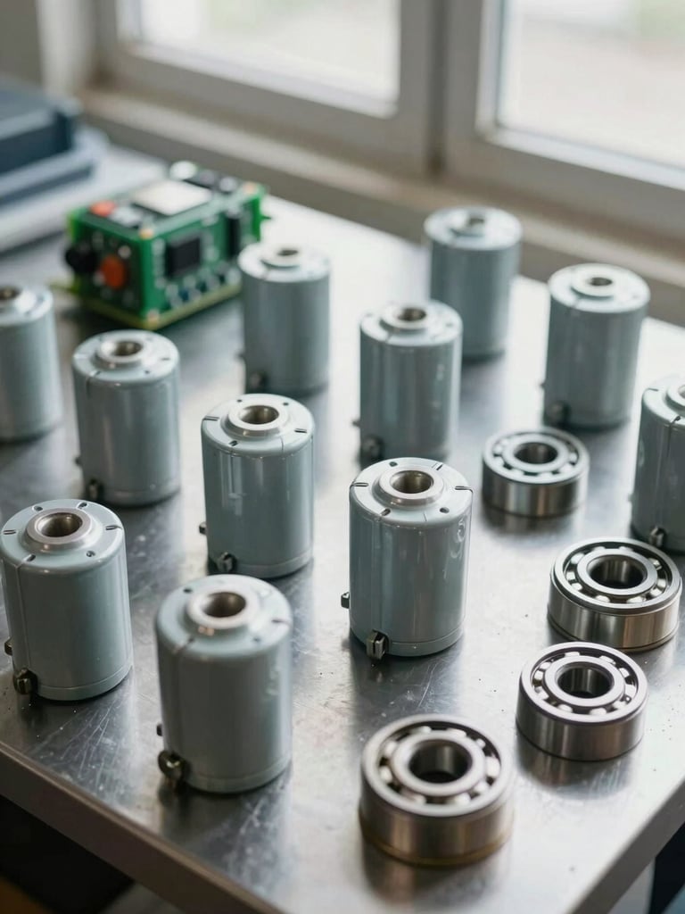 Close-up overhead shot of genuine OEM appliance spare parts — motor capacitors, a control board, and a sealed bearing — arranged in organized rows on a steel-grey workshop surface under natural window light, no hands visible, clean and precise