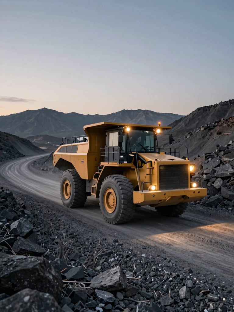 Wide ground-level shot of a mining haul road at dusk, a heavy loader navigating a dusty gravel track through rocky terrain, tungsten site lights beginning to illuminate the cab, low horizon showing the scale of the operation, ore-grey mountains in the distance
