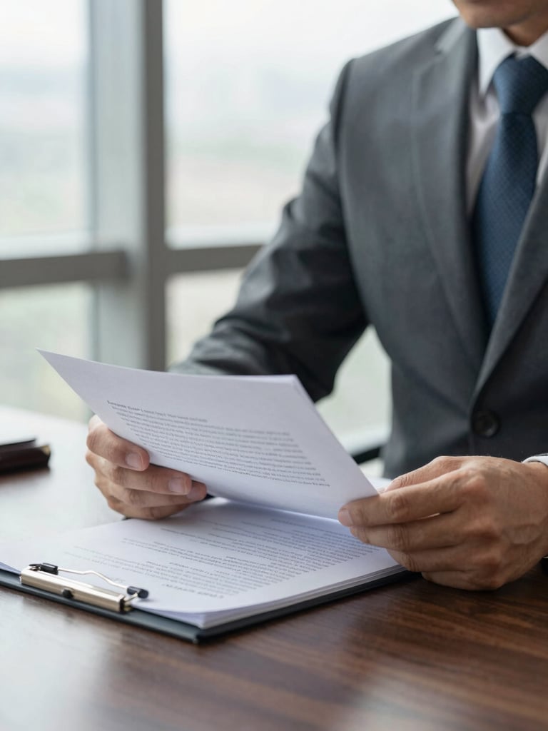 Close-up of a professional attorney reviewing detailed legal documents on a dark wood desk, soft window lighting, authoritative atmosphere
