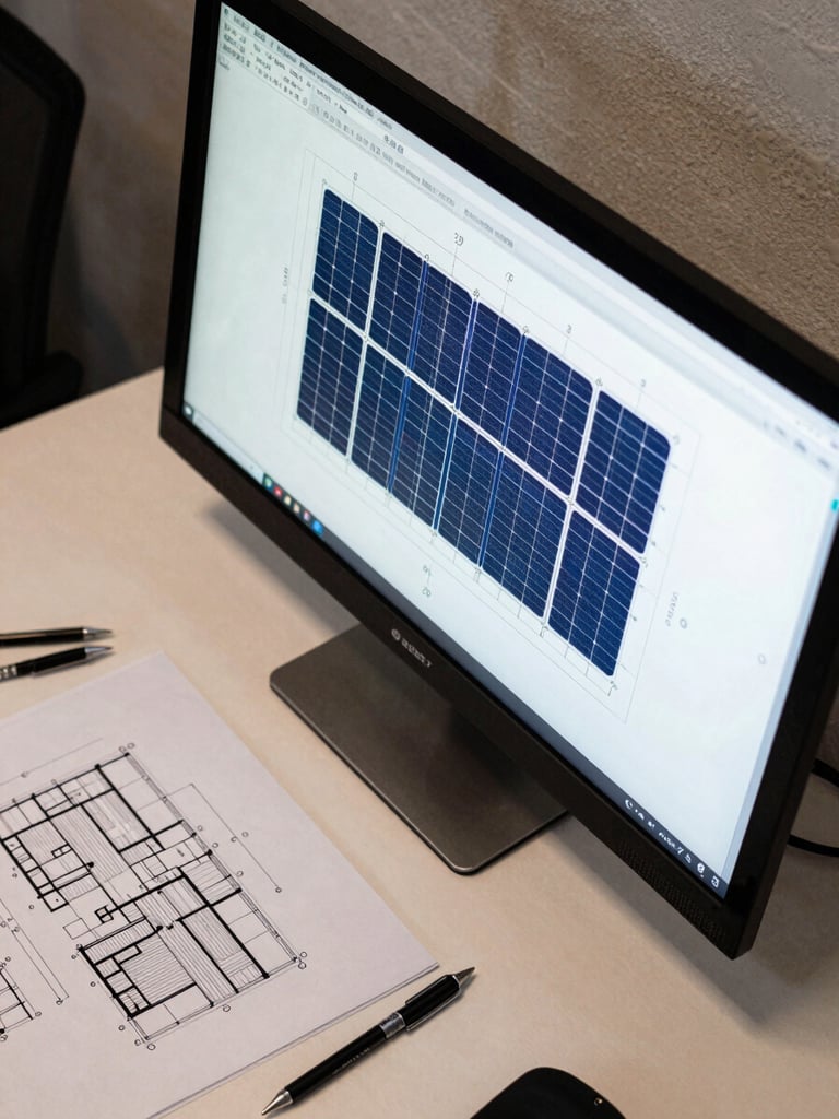 Wide-angle overhead view of a CAD workspace, a large monitor showing a precise solar array layout drawing with labeled module strings and roof dimensions, mechanical pencils and printed plan sheets to the left, clean desk surface under even studio light