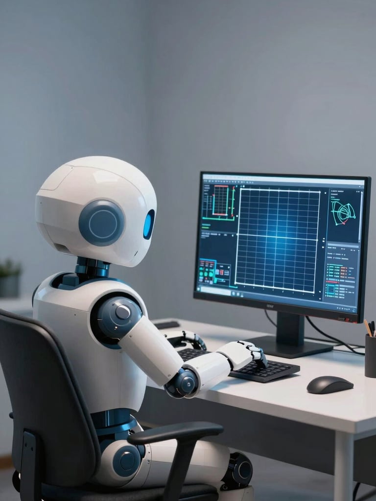 Friendly futuristic robot mascot seated at a clean drafting desk, reviewing solar CAD layouts on a glowing monitor, soft blue-gray ambient studio light, rounded geometric form, approachable and precise, warm off-white and deep slate tones, minimal background