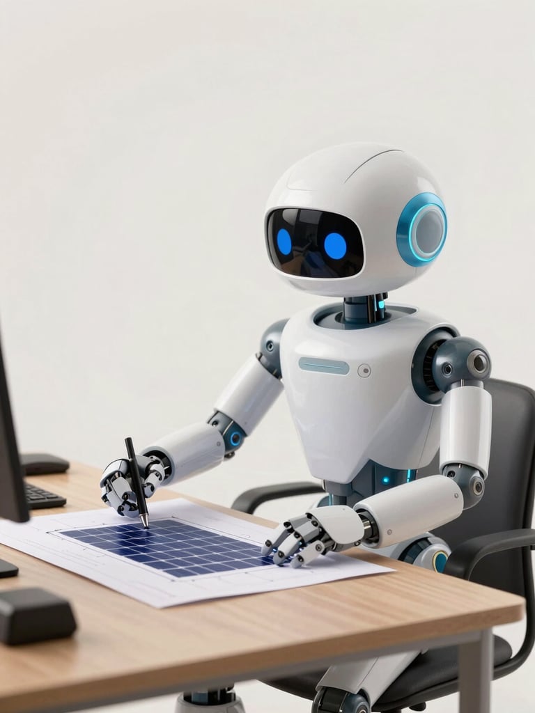 Friendly futuristic robot mascot seated at a drafting desk, reviewing a solar layout plan, clean studio lighting, off-white background, soft geometric forms, approachable and precise