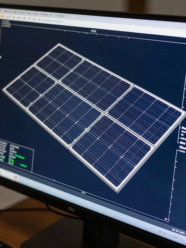Close-up overhead view of a solar PV layout CAD drawing on a wide monitor, precise line work visible, clean north-facing office light, no people, deep slate blue color tones on screen
