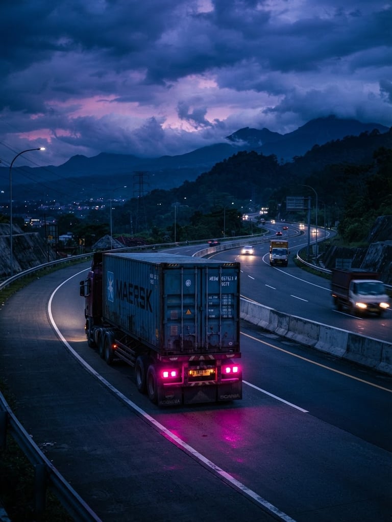 Wide angle shot of a heavy-duty container truck driving through a dramatic twilight highway in Indonesia, high-contrast magenta tail lights, industrial logistics theme, 35mm