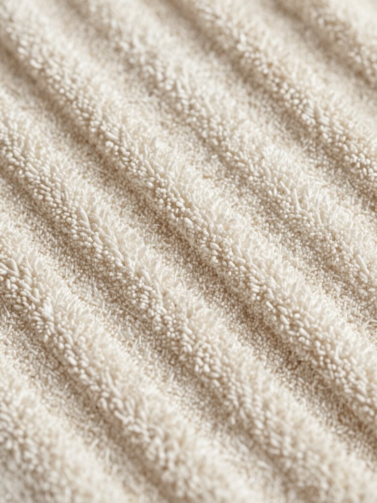 Extreme close-up of hotel towel weave structure filling the full frame—tight overhead shot of cotton terry loops arranged in precise rows, diffused north-facing studio light raking across the texture to reveal thread depth and loop density, ivory and warm white tones, no background visible, fabric grain dominant