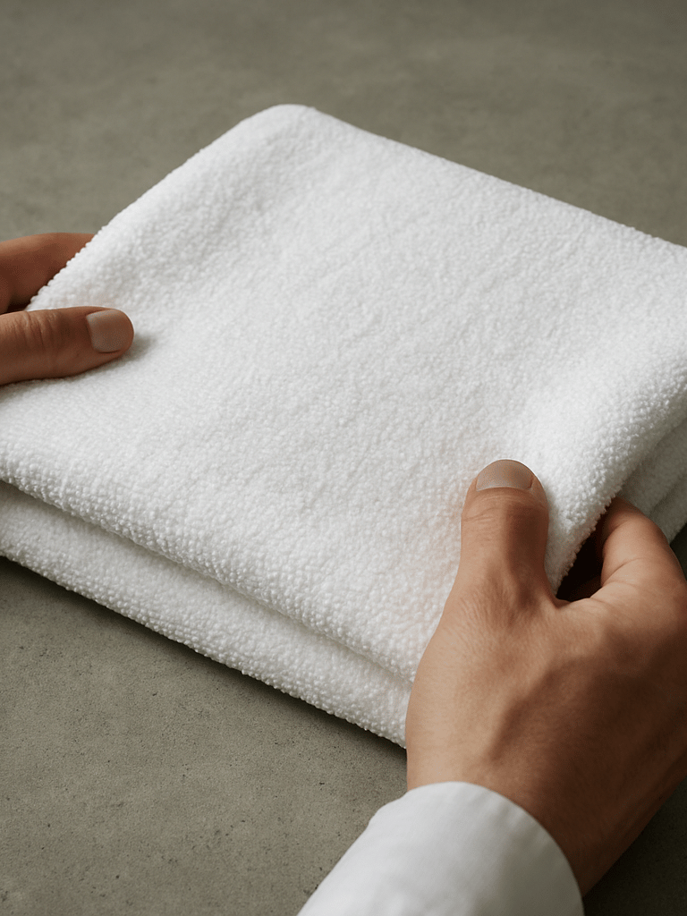 Extreme close-up of a quality control technician's hands holding a folded white hotel towel against an inspection table under diffused studio strobe light, fabric weave and thread count clearly visible, grey concrete surface beneath, no faces, no branding