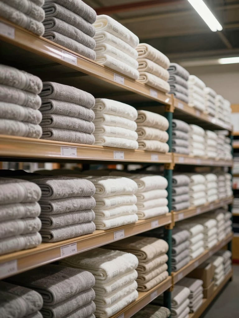 Wide environmental shot inside a textile warehouse, stacks of neatly folded hotel towels arranged on shelving with visible labeling tags, warm tungsten ambient light from overhead fixtures, organised inventory context with clear depth of field showing multiple shelf rows receding into background
