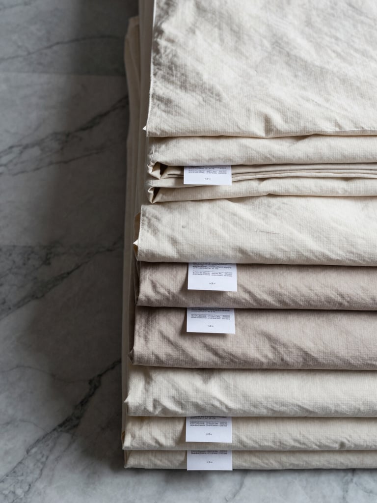 Overhead flat-lay framing, wide, hotel bed linens folded in precise stacks on a cool marble surface — visible woven texture and printed specification labels face up, the stack occupying the right two-thirds of the frame. Diffused north-light studio illumination picks out the weave structure with crisp shadow lines. Ivory and pale taupe fabric tones against grey-veined marble. No people, no styling props.