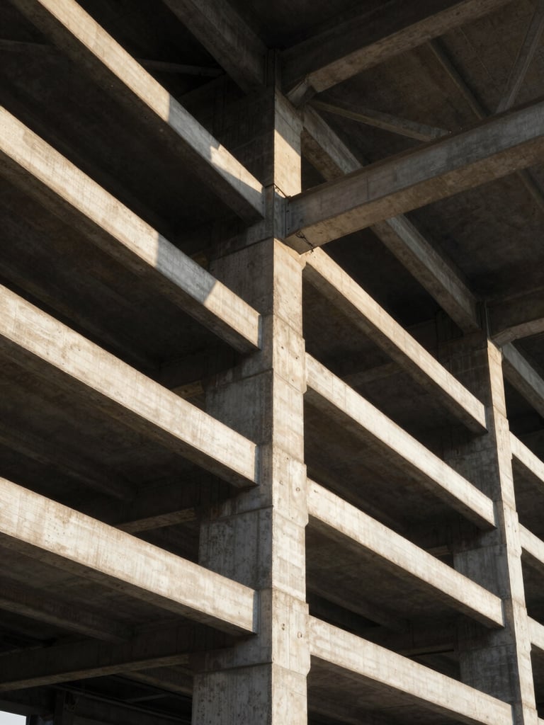 Low angle shot of massive steel frameworks under high-contrast afternoon sun, raw textures of concrete and steel, no people