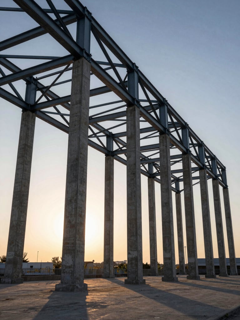 High-contrast wide shot of a massive steel framework at dawn, raw concrete pillars, early morning shadows emphasizing structural scale.