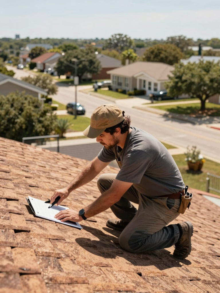 Professional local contractor inspecting a residential roof in Anna, Texas, with a clear view of a recognizable Anna streetscape in the background, bright sunlight.