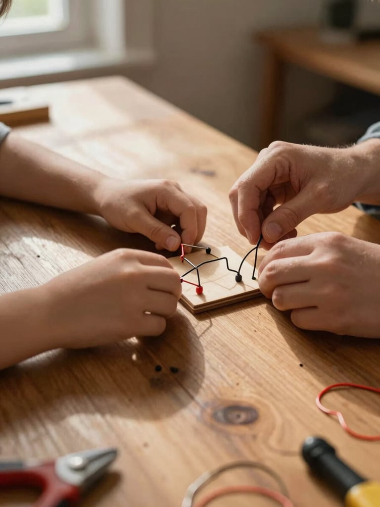 Close-up wide shot from the left edge — a child's hands and an adult's hands together assembling a small wooden and wire circuit on a rough wooden table, natural window light raking across the surface from the left, tools and wire scraps visible at the edges of the frame, warm ochre-toned ambient light, no faces, the work is the subject