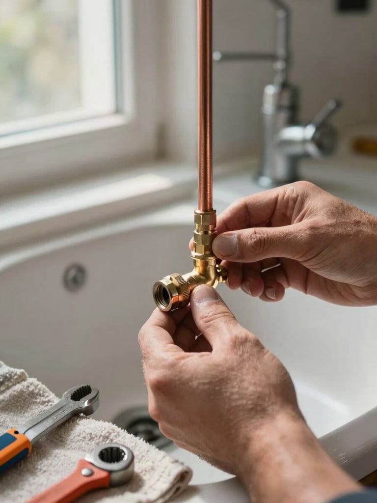 Close-up of a plumber's hands tightening a copper pipe fitting under a sink, natural window light falling across the work, tools resting on a cloth nearby