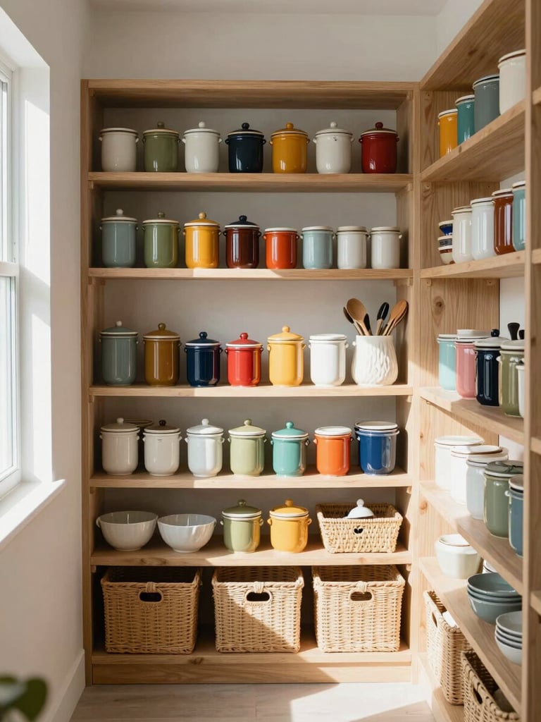 A beautifully organized pantry with color-coordinated ceramic jars and woven baskets on light oak shelves, sunlit, straight-on architectural shot, 35mm