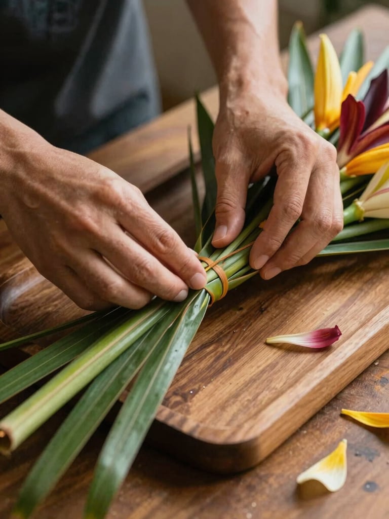 Close-up of hands carefully folding and arranging a bouquet of tropical flowers and pandan leaves on a wooden tray, soft north-facing daylight, warm earthy tones, a few scattered petals on the surface
