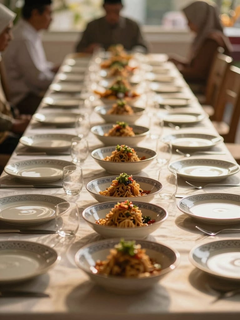 Wide environmental shot of a long table set for a Malay celebration, ceramic dishes arranged with natural light streaming from the right, warm golden tones, soft bokeh background, documented not staged