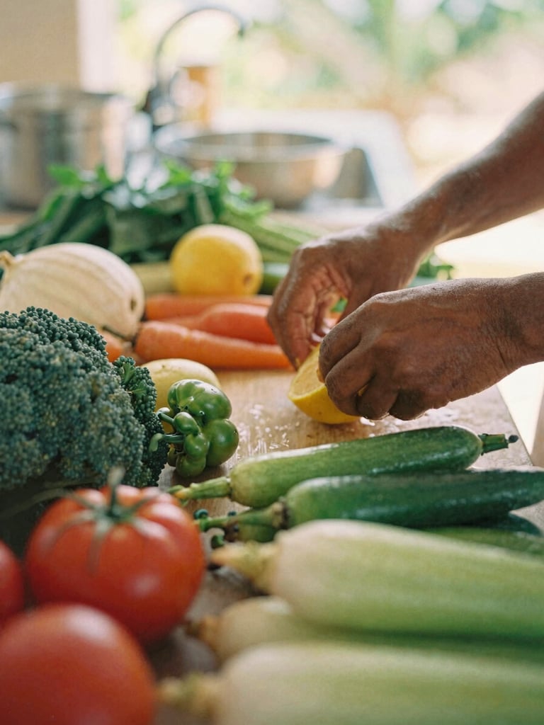 A close-up of fresh, colorful local Bermudian vegetables and fruits being prepared in a warm, sunlit community kitchen, 35mm photography.