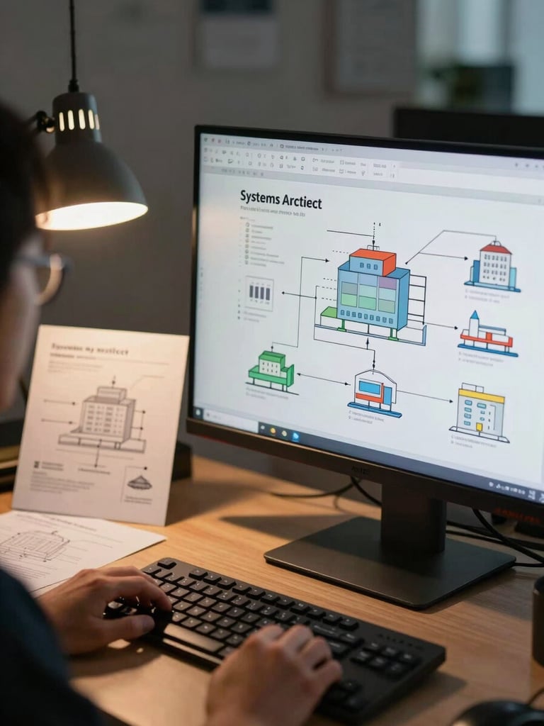Over-the-shoulder close-up of a systems architect reviewing infrastructure diagrams on a large monitor in a dimly lit engineering office, warm tungsten desk lamp casting a focused glow on the keyboard and printed schematics to the left