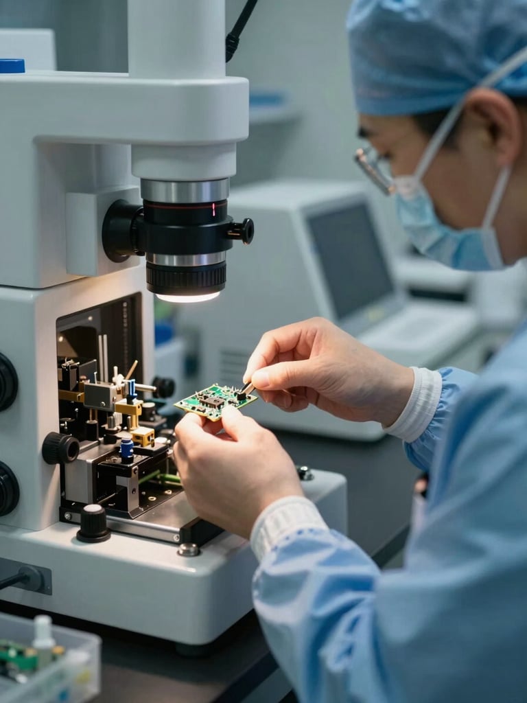 Close-up panoramic view of a clinical laboratory setting, a medical device technician in scrubs examining circuit board components under focused overhead lighting, sterile stainless equipment visible in the background