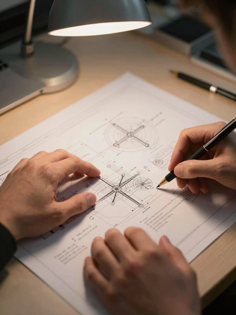 Close-up overhead view of hands reviewing a detailed technical schematic spread on a workstation, warm tungsten desk lamp casting soft directional light, engineering notations visible, shallow depth of field