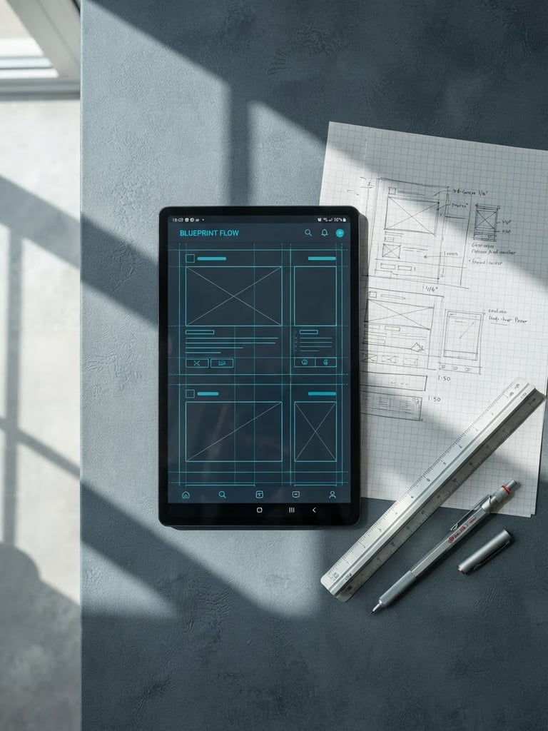 Top-down flat lay of a minimalist architectural drafting table. A modern Android tablet displays a clean, grid-aligned mobile user interface with blueprint cyan accents. Beside the tablet lie hand-drawn wireframes on graph paper, a metal drafting scale, and a mechanical pencil. Hard side-lighting from a window casts sharp, geometric shadows across the cool slate gray workspace.