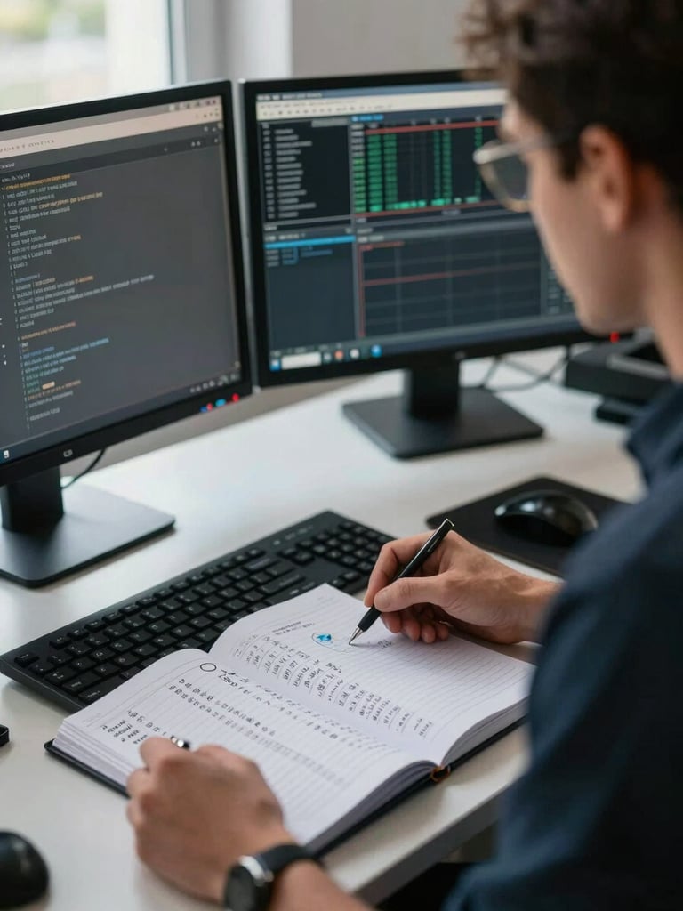 Close medium shot of a trader's dual-monitor desk setup during a live session, handwritten trade journal open in foreground with position sizing calculations visible, cool daylight from a window to the left, high contrast, no smiling faces