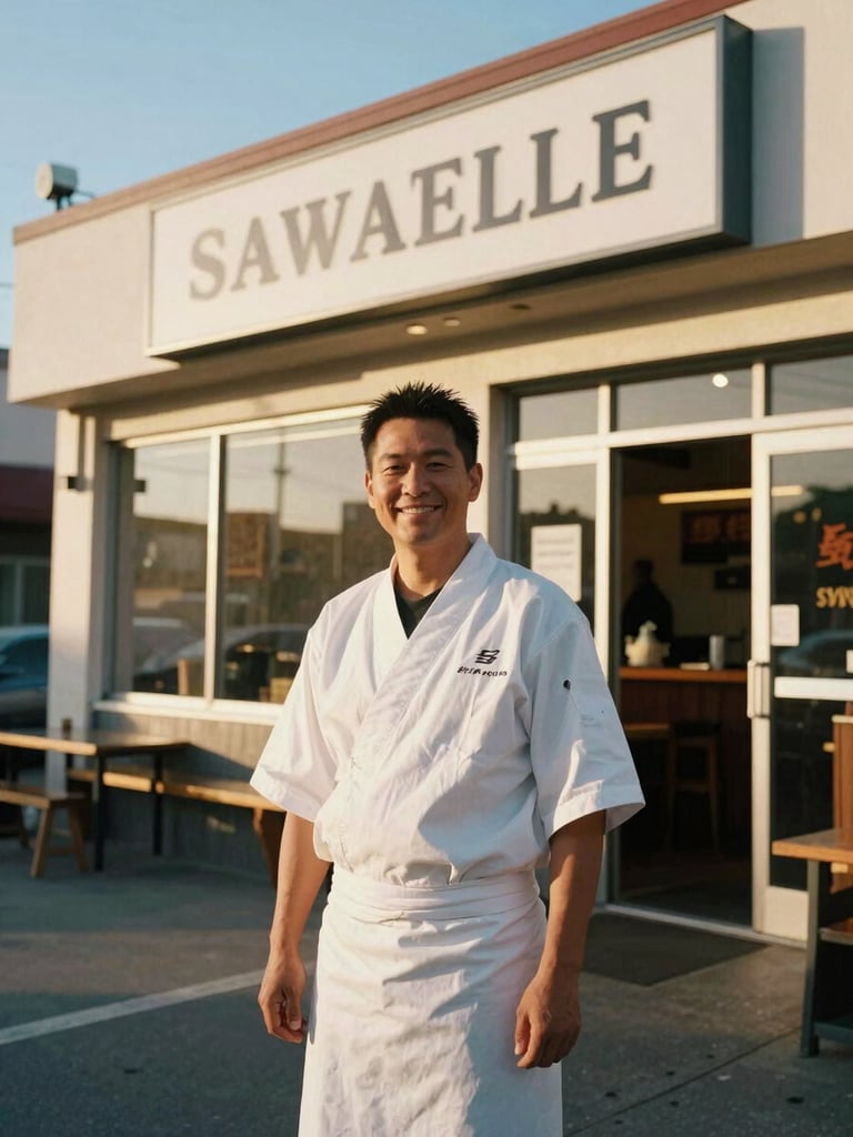 Medium portrait of a smiling Japanese ramen chef standing proudly in front of his restaurant on Sawtelle Blvd, warm golden hour sunlight, 35mm film look.