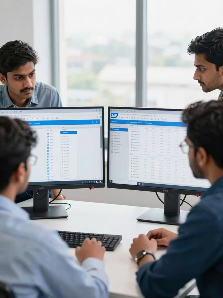 Professional Indian students collaborating on dual-monitor setups showing SAP dashboards in a bright, modern office, natural window light, sharp focus, blue and white tones.