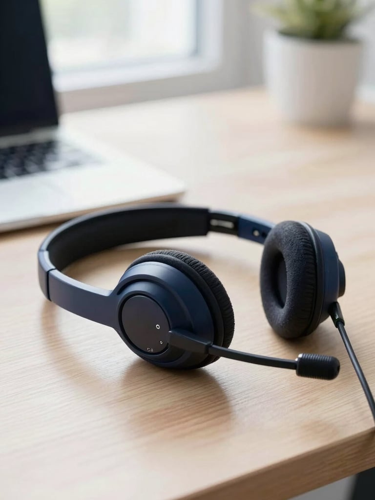 Close-up of a high-quality professional headset resting on a clean, modern wooden desk, soft natural morning light, deep navy accent colors in the background, 50mm lens