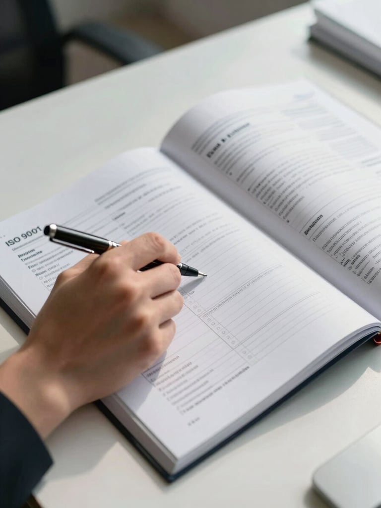 Close-up overhead view of an open ISO 9001 standards workbook on a white desk under controlled office daylight, a compliance manager's hand annotating an audit checklist with a pen, printed clause reference tabs visible along the page edge