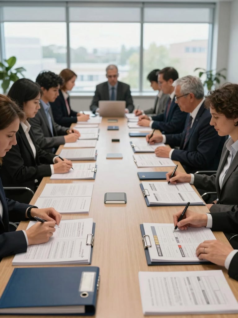 Wide shot of a professional ISO training session in a corporate conference room, participants reviewing standards workbooks at a long table, controlled office daylight from large windows, no faces visible, documentation and binders in foreground