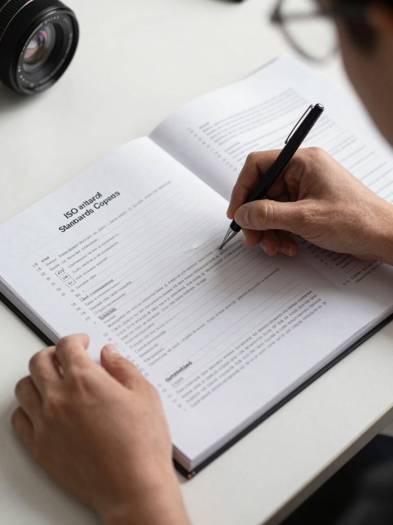 Close-up overhead view of hands turning pages of an ISO standards binder on a clean white desk, certification checklist visible beneath, controlled studio strobe lighting, sharp document detail