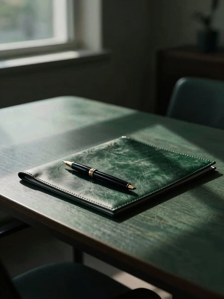 Moody architectural crop of a high-end boardroom table, soft directional window light casting long shadows, fountain pen resting on a leather folder, 35mm