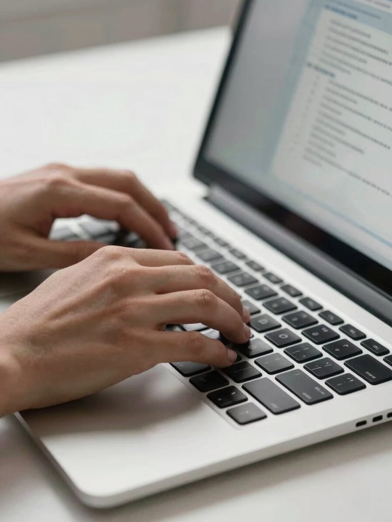 Close-up of hands typing on a laptop keyboard on a clean white desk, a document upload screen visible on the monitor, even studio lighting, shallow depth of field on the keyboard