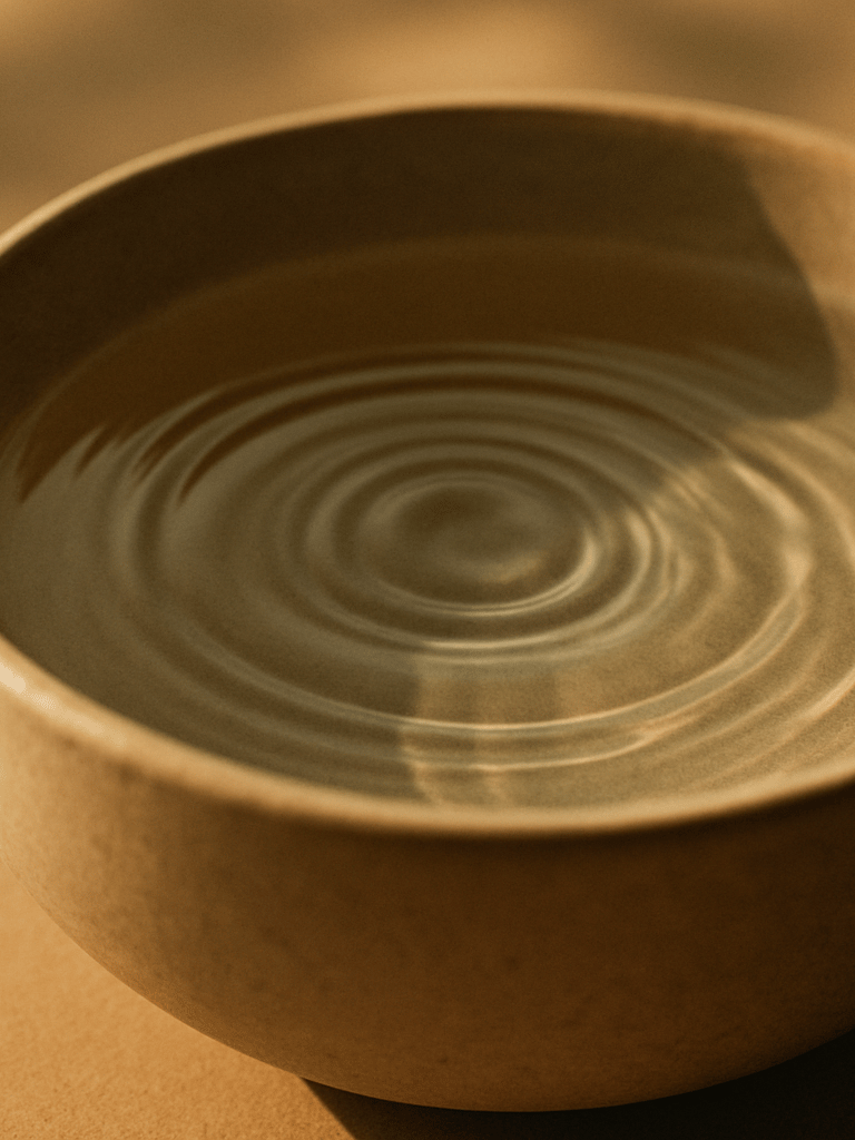 Close-up of clean water ripples in a ceramic bowl, soft morning light, earth tones, minimalist composition, 35mm photography