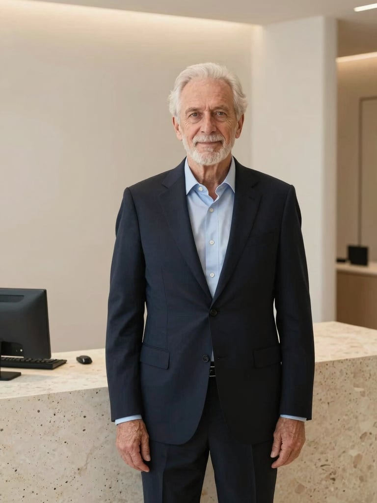 Serene portrait of a senior dermatologist in bespoke tailoring, minimalist clinic interior with travertine stone, soft gallery lighting, medium format, portrait aspect.