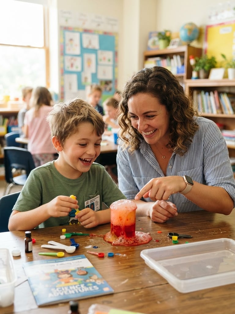 A smiling mentor guiding a young student through a colorful science activity in a bright Ohio classroom, warm natural light, candid close-up