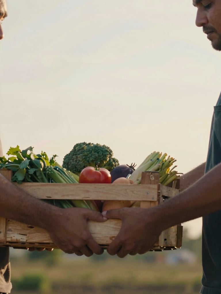 A close-up of hands passing a crate of fresh produce to another person, warm golden hour light, shallow depth of field.