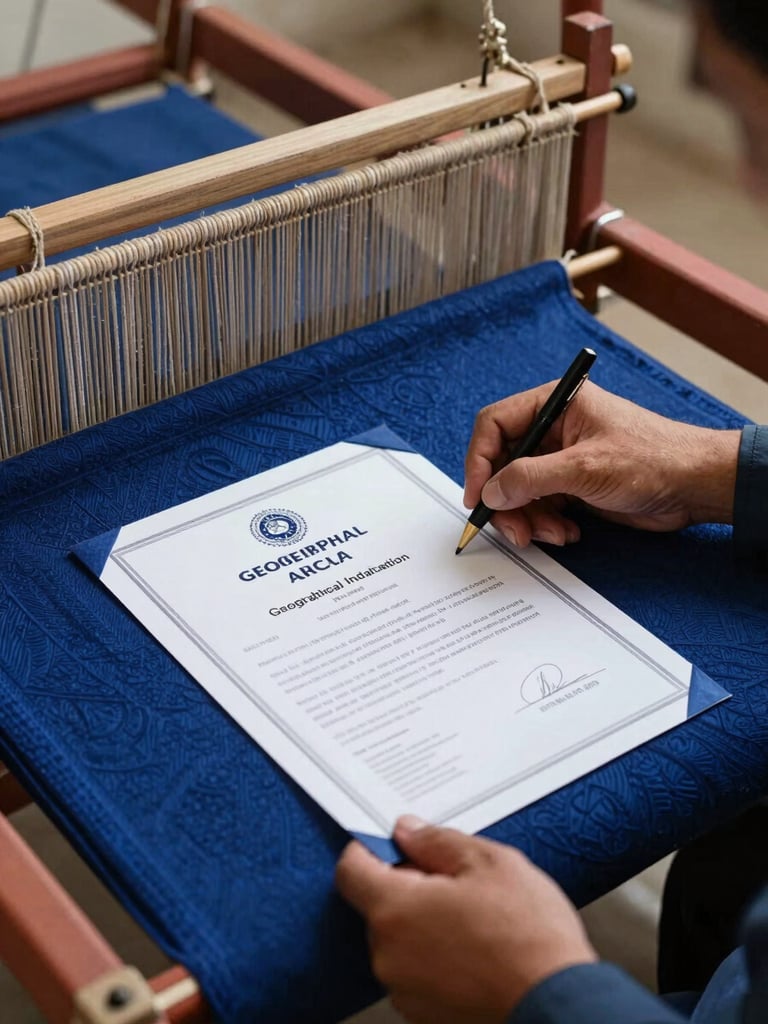 Hands of an inspector verifying a physical Geographical Indication certificate beside a loom of Kashmir Pashmina, natural directional light, rich indigo accents, sharp focus.