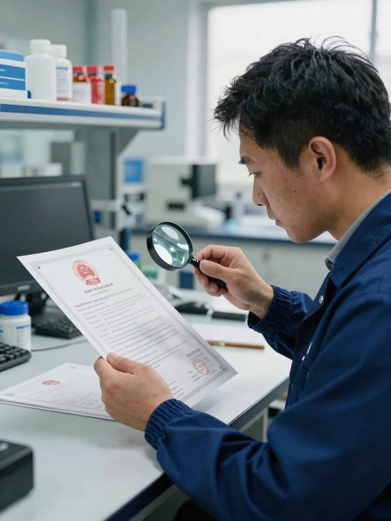 A professional quality inspector in a clean, modern workshop verifying a physical Geographical Indication certificate, holding a magnifying glass over the official seal, natural light.