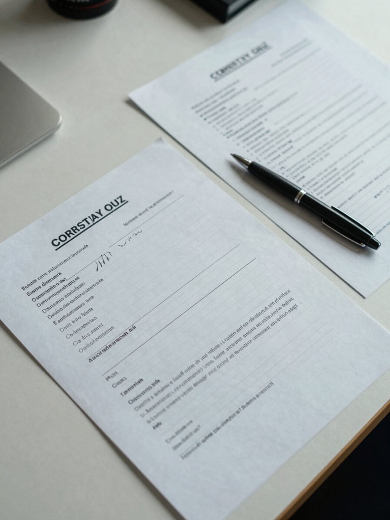 Close overhead view of forensic case notes and legal documents spread on a pale desk, a pen resting beside handwritten annotations, cold north-facing daylight, documentary precision, no people visible