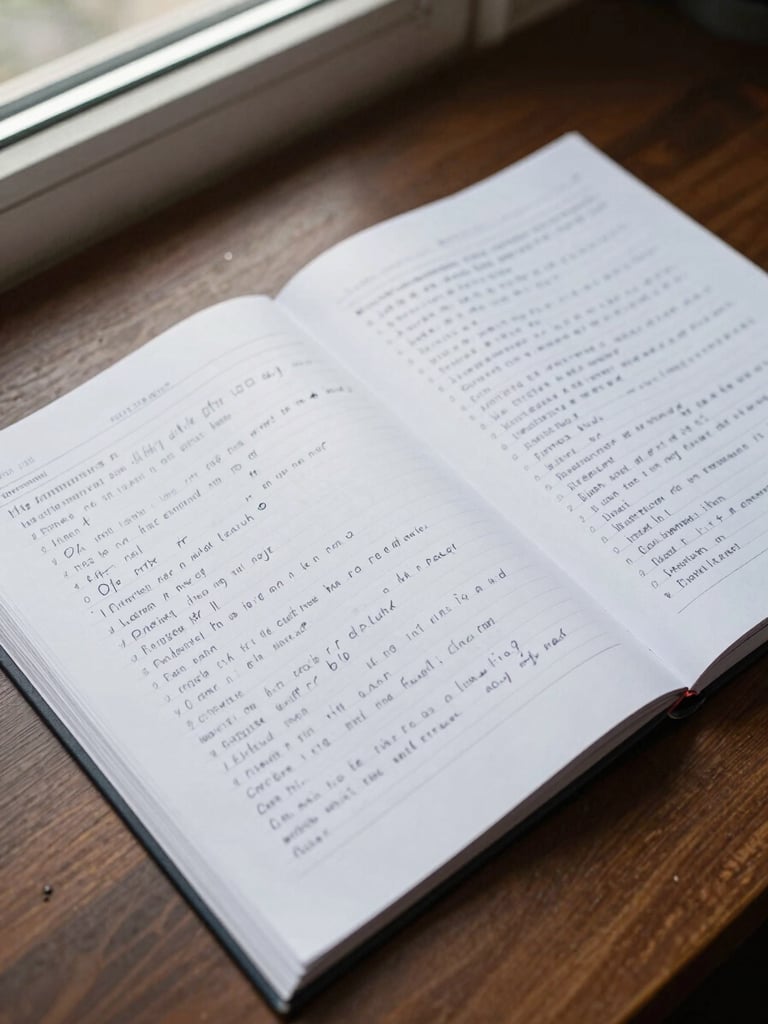 Overhead close shot of a forensic case file open on a dark wood desk, handwritten forensic notes visible on ruled paper beside it, natural north-facing window light, no people