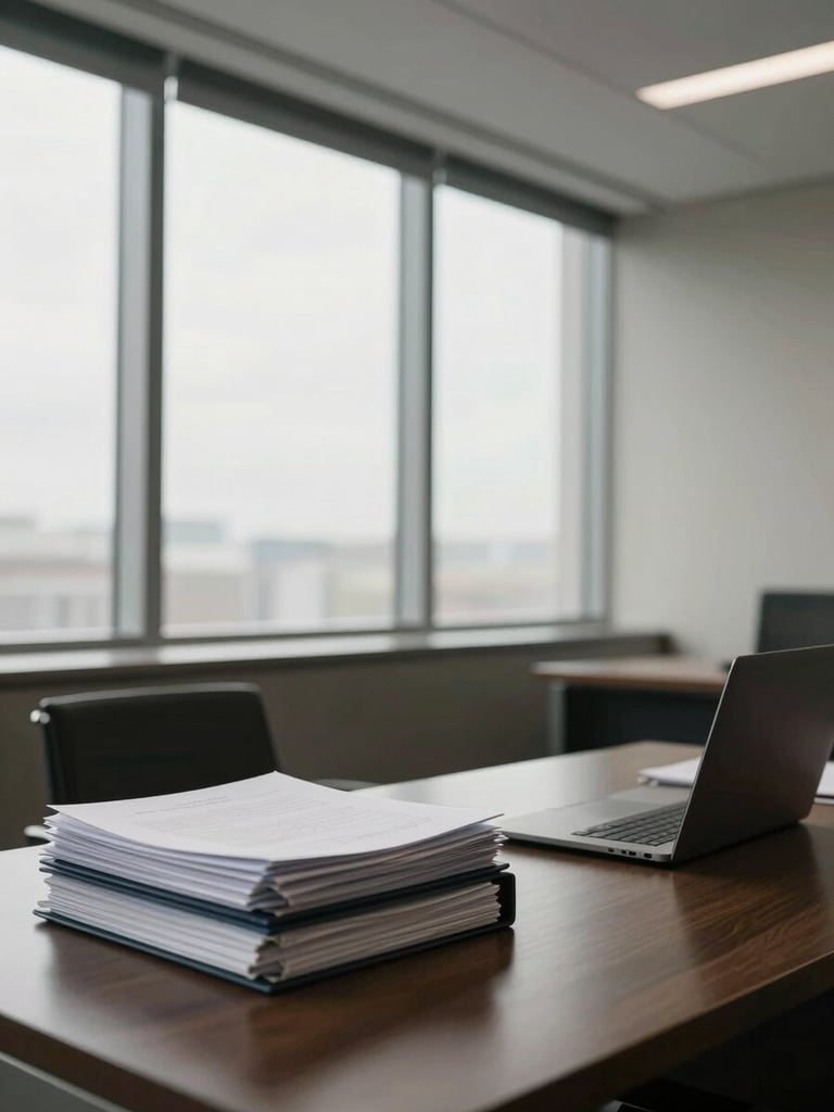 Wide shot of a formal professional office interior, a desk with stacked legal folders and a closed laptop in the foreground, tall window with diffused northern light casting even shadows across the room, no people visible, austere and precise atmosphere