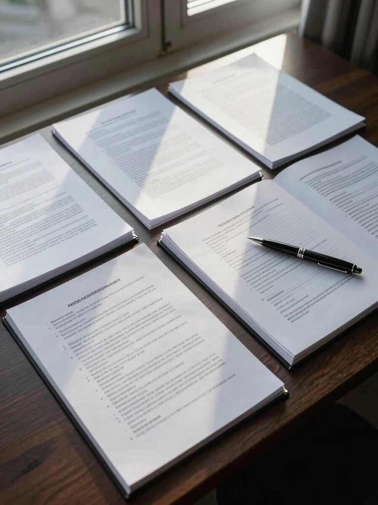 Overhead view of a professional desk, forensic psychological case notes and legal documents arranged precisely under cool north-facing window light, a pen resting across an open file, no people visible