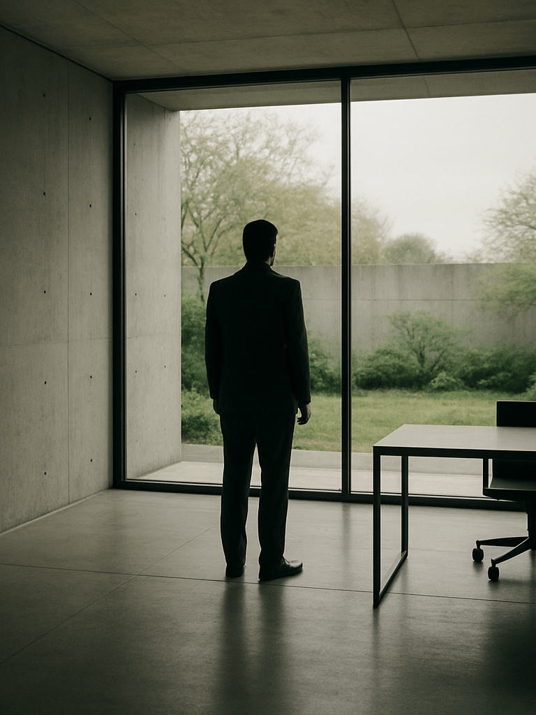 A solitary executive in a minimalist concrete and glass office, looking out at a quiet garden, overcast daylight, spacious framing.