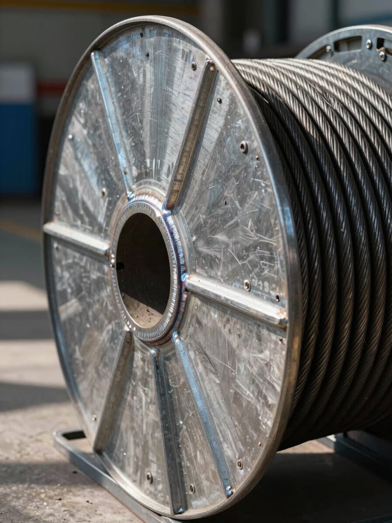 Extreme close-up of a powder-coated iron cable reel drum, weld seam and steel frame in sharp focus, hard factory floor shadows, industrial daylight from left, raw steel grain visible on drum surface