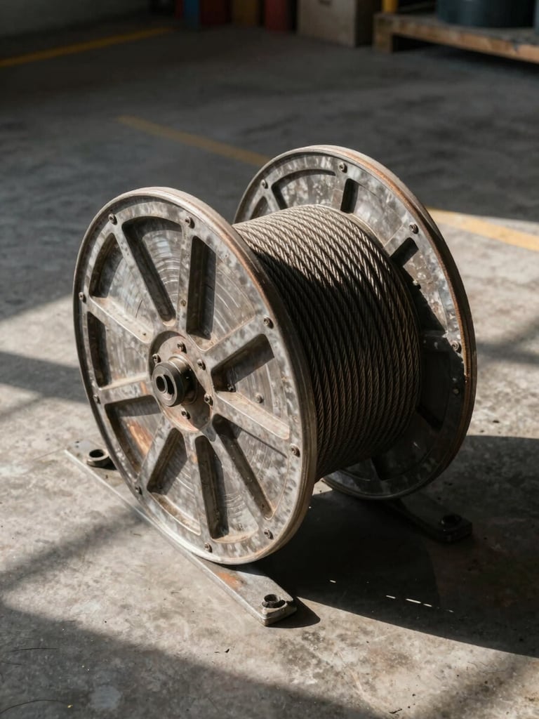 Overhead angled shot of iron cable reel on factory floor, drum diameter and socket panel visible, hard shadow cast across concrete, industrial shop-floor daylight, no workers