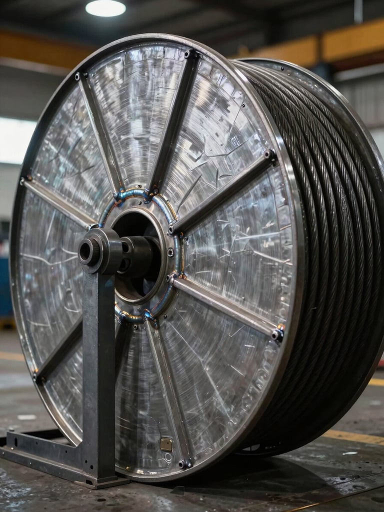 Angled close-up of a powder-coated iron cable reel drum on a factory floor, steel surface texture and welded frame joints sharply lit by overhead industrial lamps, deep hard shadows across the drum face, unpainted weld seams visible
