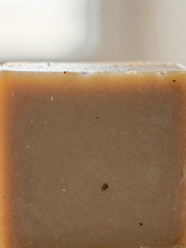 Macro close-up of a raw, textured soap bar showing fine botanical flecks and natural grains, soft diffused morning light, warm earthy sand-beige tones, shallow depth of field