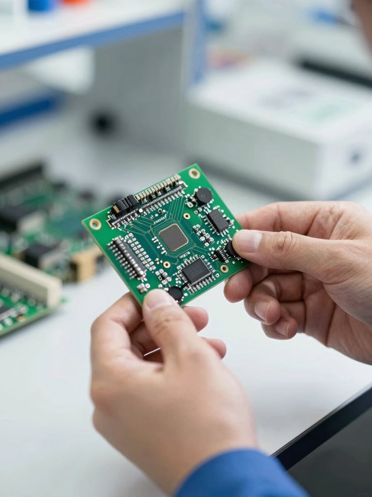 Close-up of a technician hands holding a green printed circuit board, bright natural light, professional electronics lab, sharp focus.